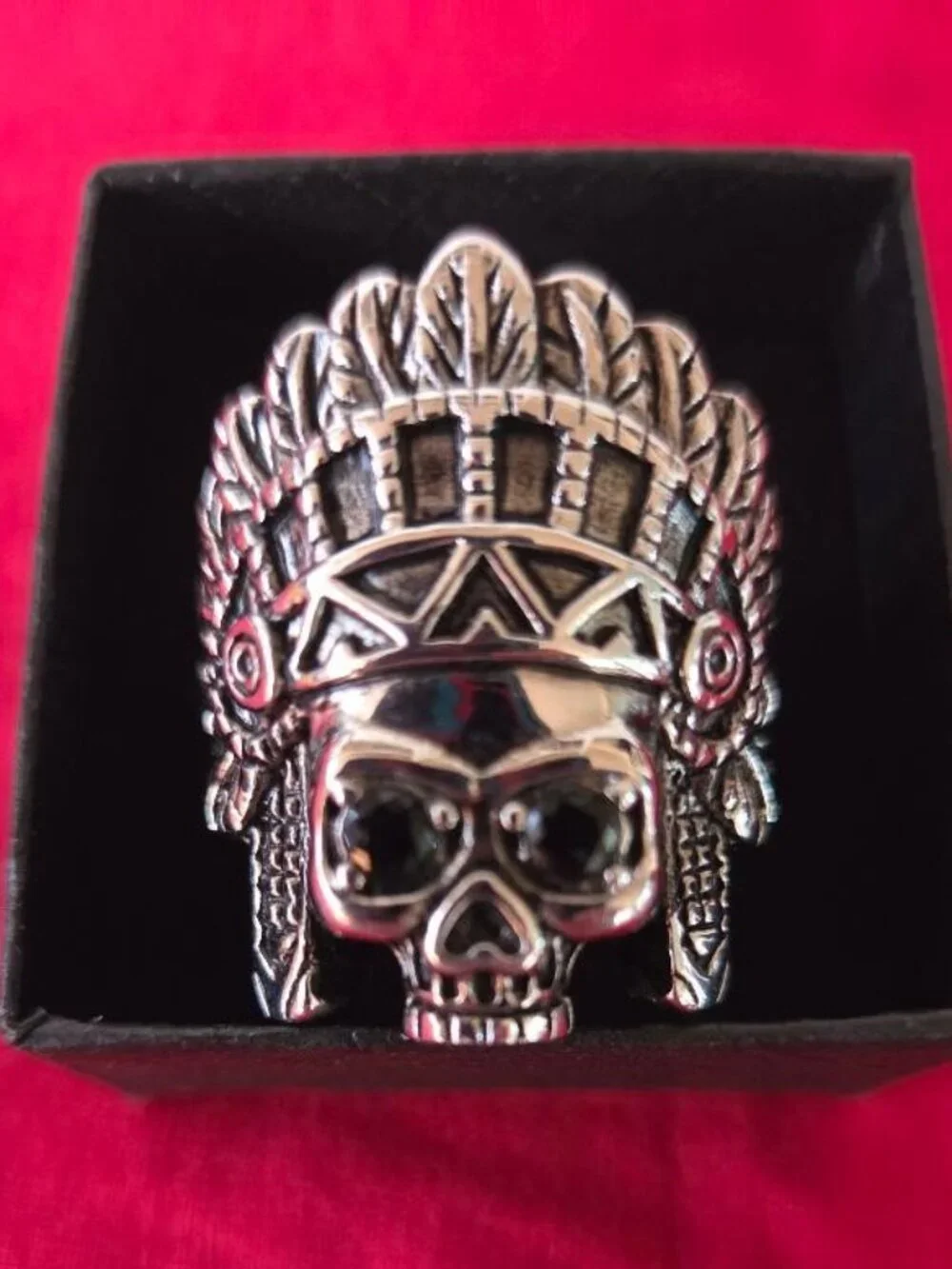 Native American Chief Skull Ring Size 14, CZ Eyes, Indian Head Skull Ring Mens